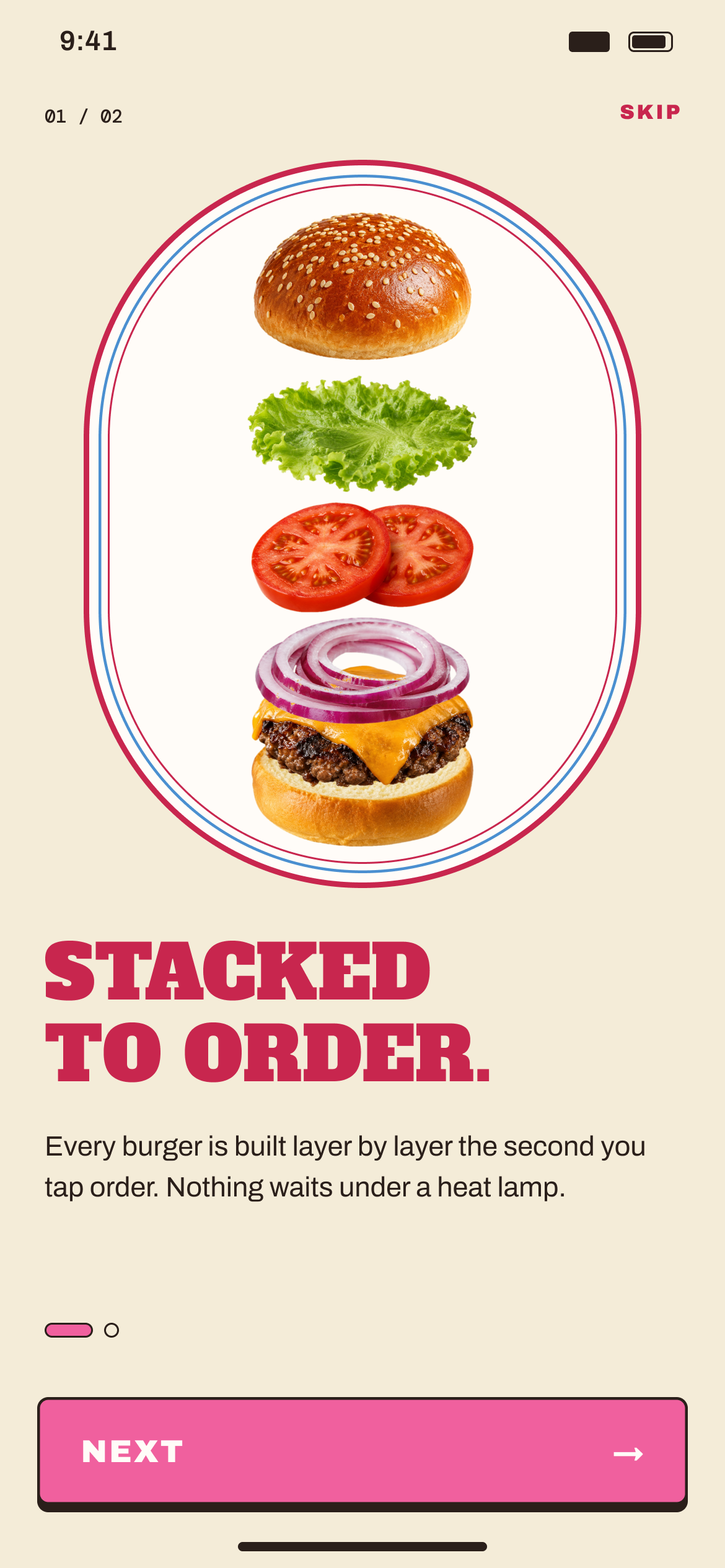 House Burger: Onboarding makes one promise per screen. The first: every burger is stacked the moment you order.