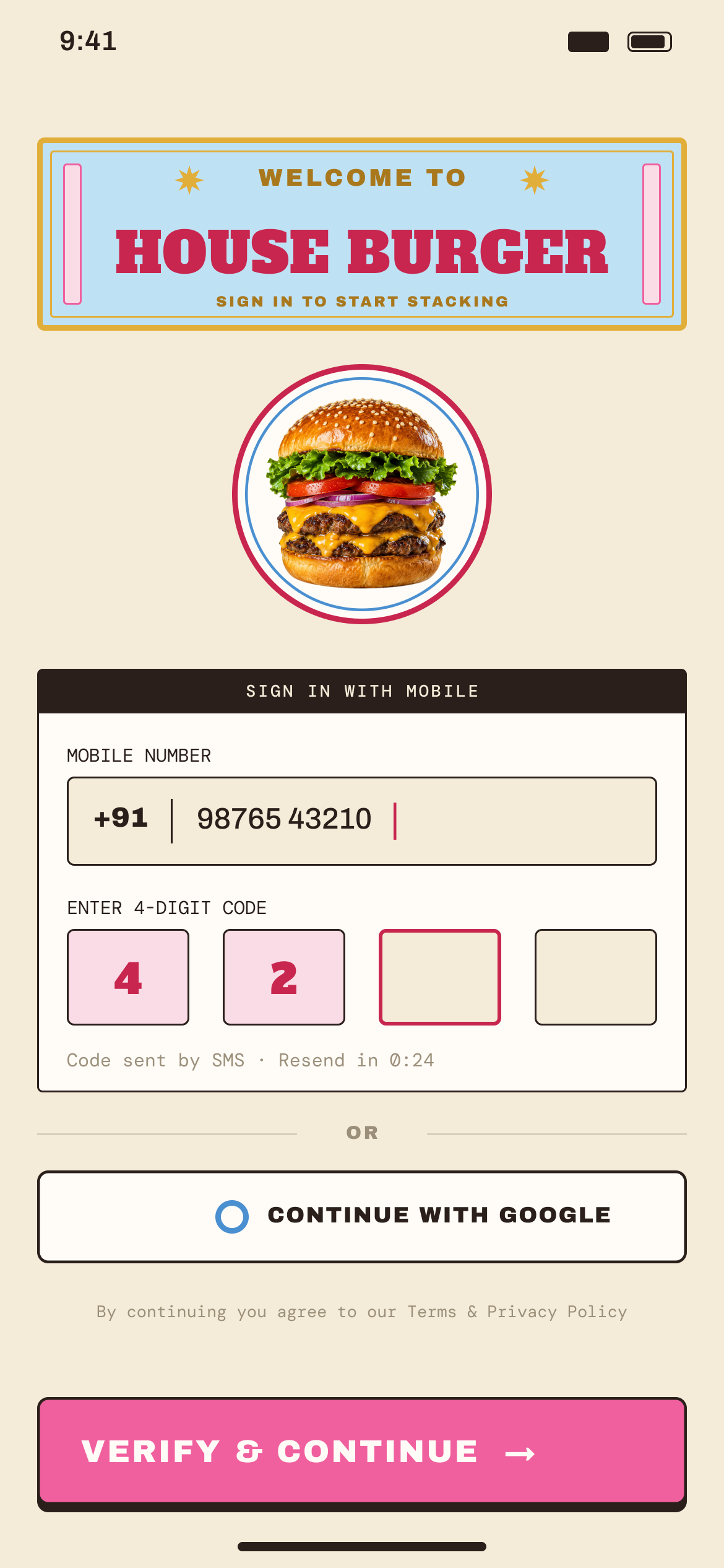 House Burger: Sign-in is a phone number and a four-digit code, framed by the same shopfront banner.