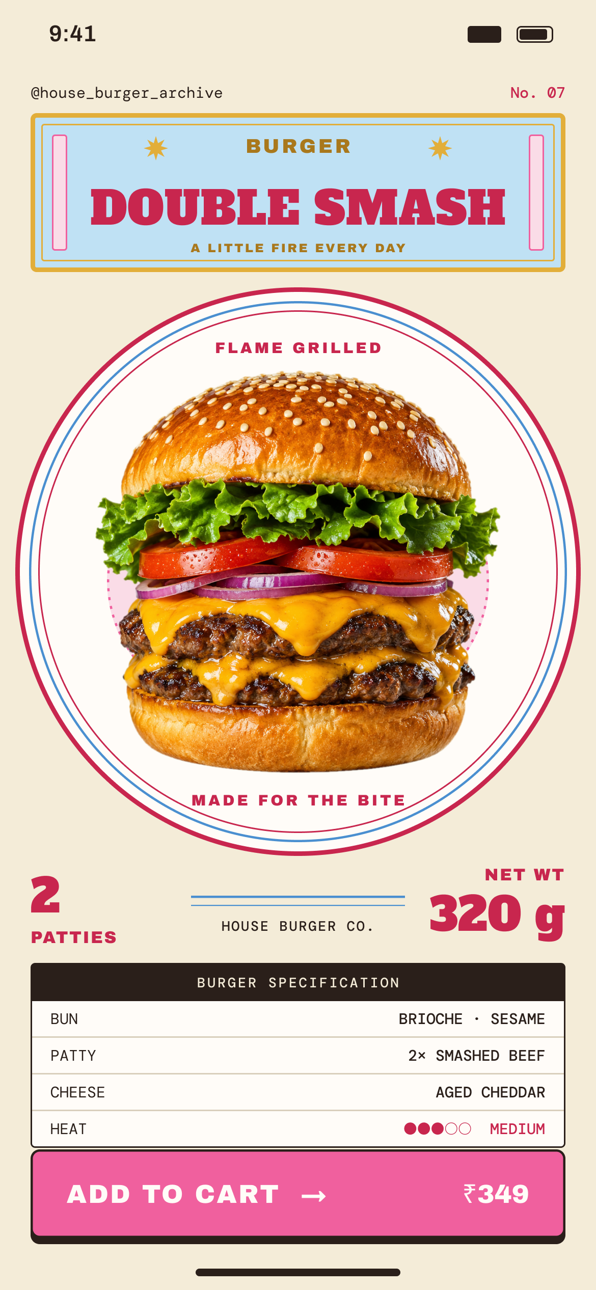 House Burger: The burger is presented like packaging: a tin label, the patty count, the weight, and a specification card.