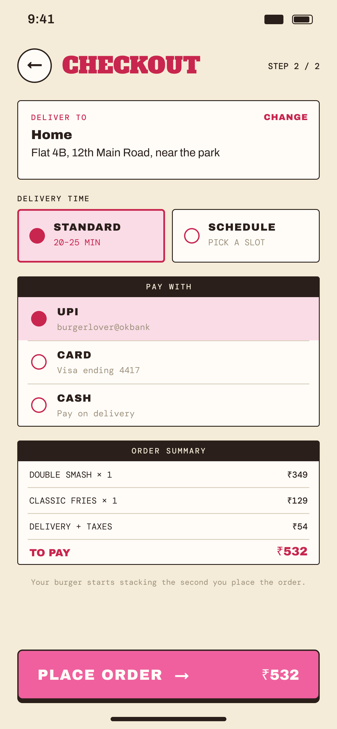 House Burger: Checkout keeps delivery time, payment, and the bill on one screen, and says the stacking starts now.