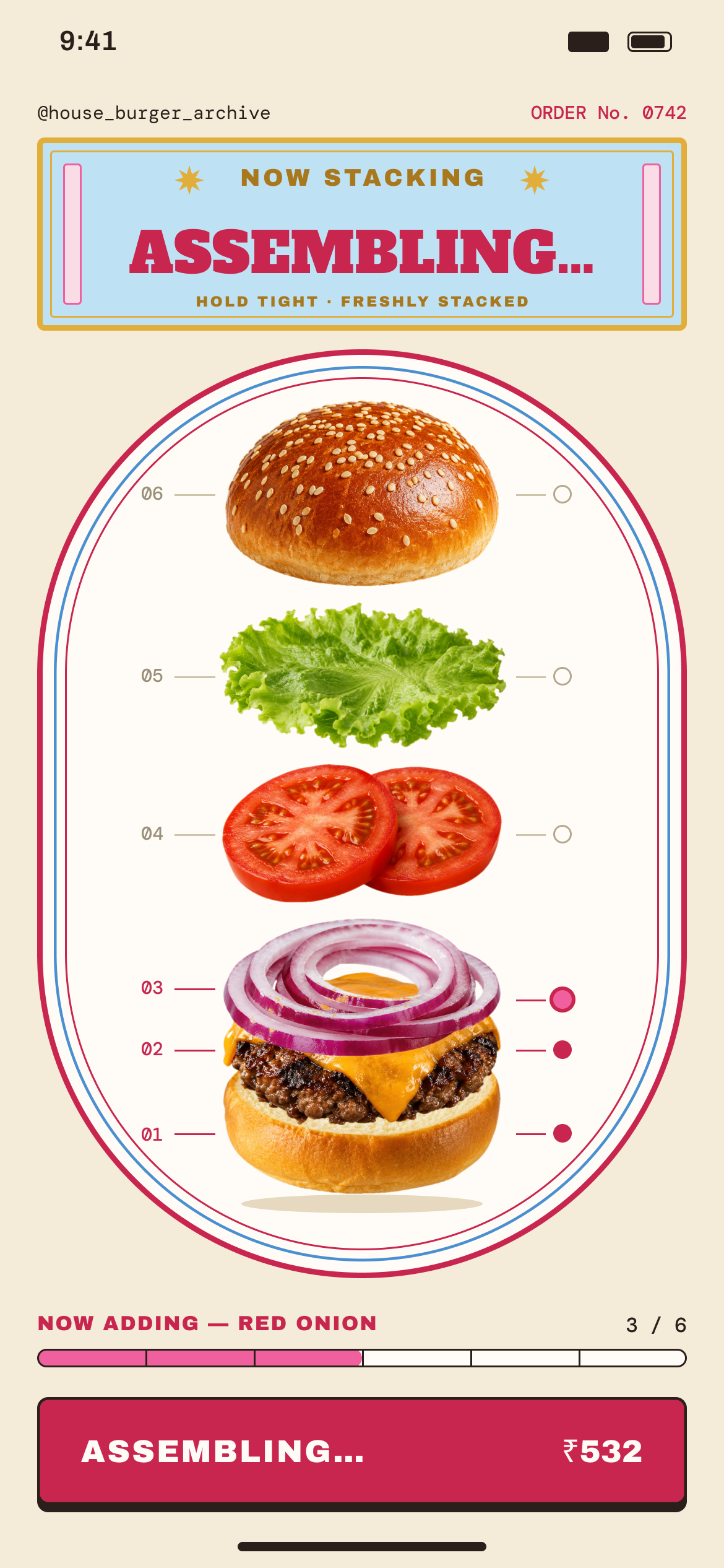 House Burger: The wait becomes the show: the burger is built layer by layer, with each ingredient named as it lands.