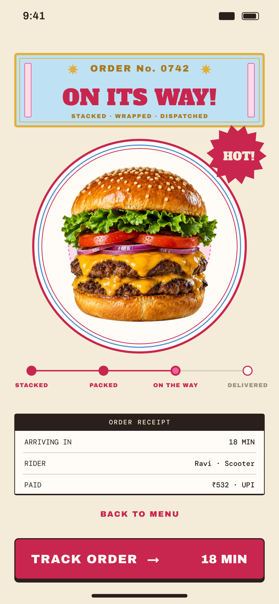 House Burger: Once it is out the door, a four-step tracker and a torn-off receipt take over.