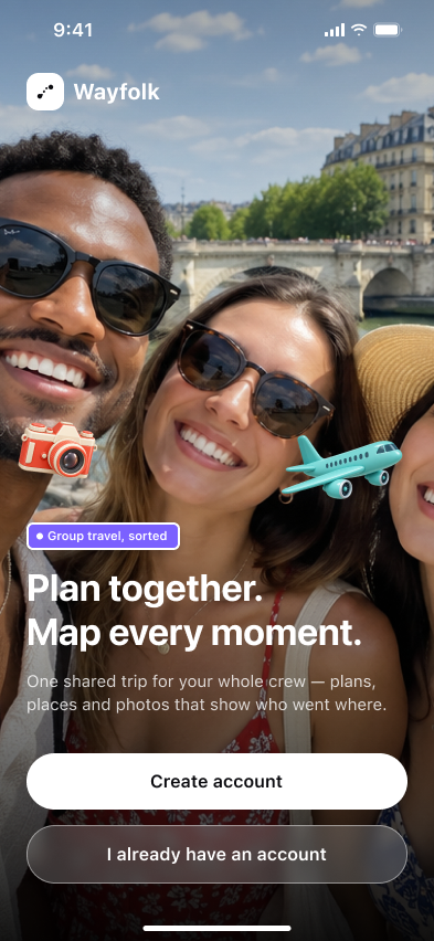 Wayfolk: A shared-trip promise before the first account is created.