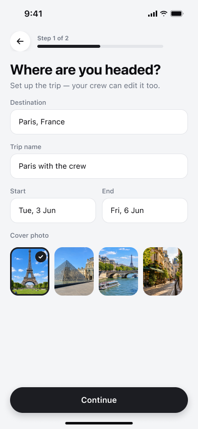 Wayfolk: The organizer sets the destination, dates, and shared identity.