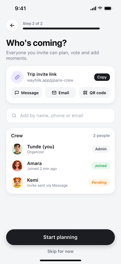 Wayfolk: Invites, membership, and arrival status live in one place.