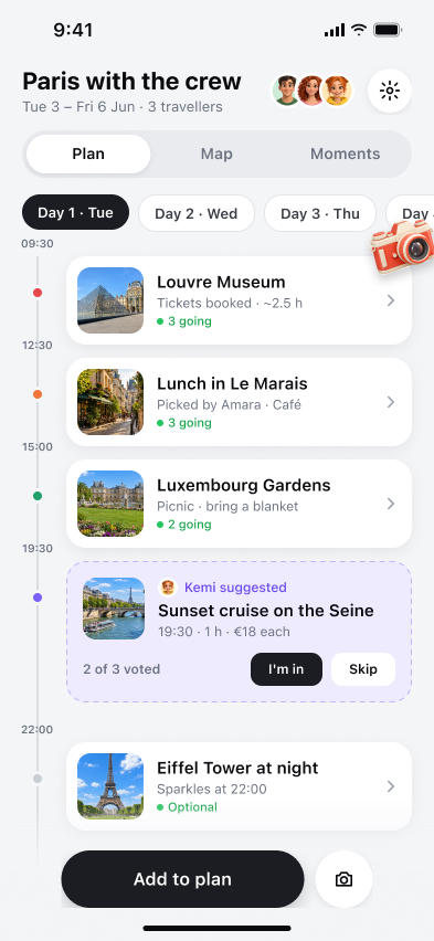 Wayfolk: A day timeline makes suggestions, votes, and commitments legible.