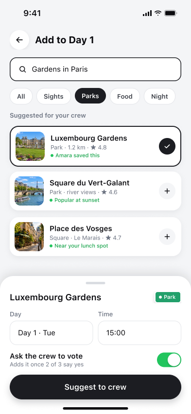 Wayfolk: Places can be suggested to the crew instead of silently added.