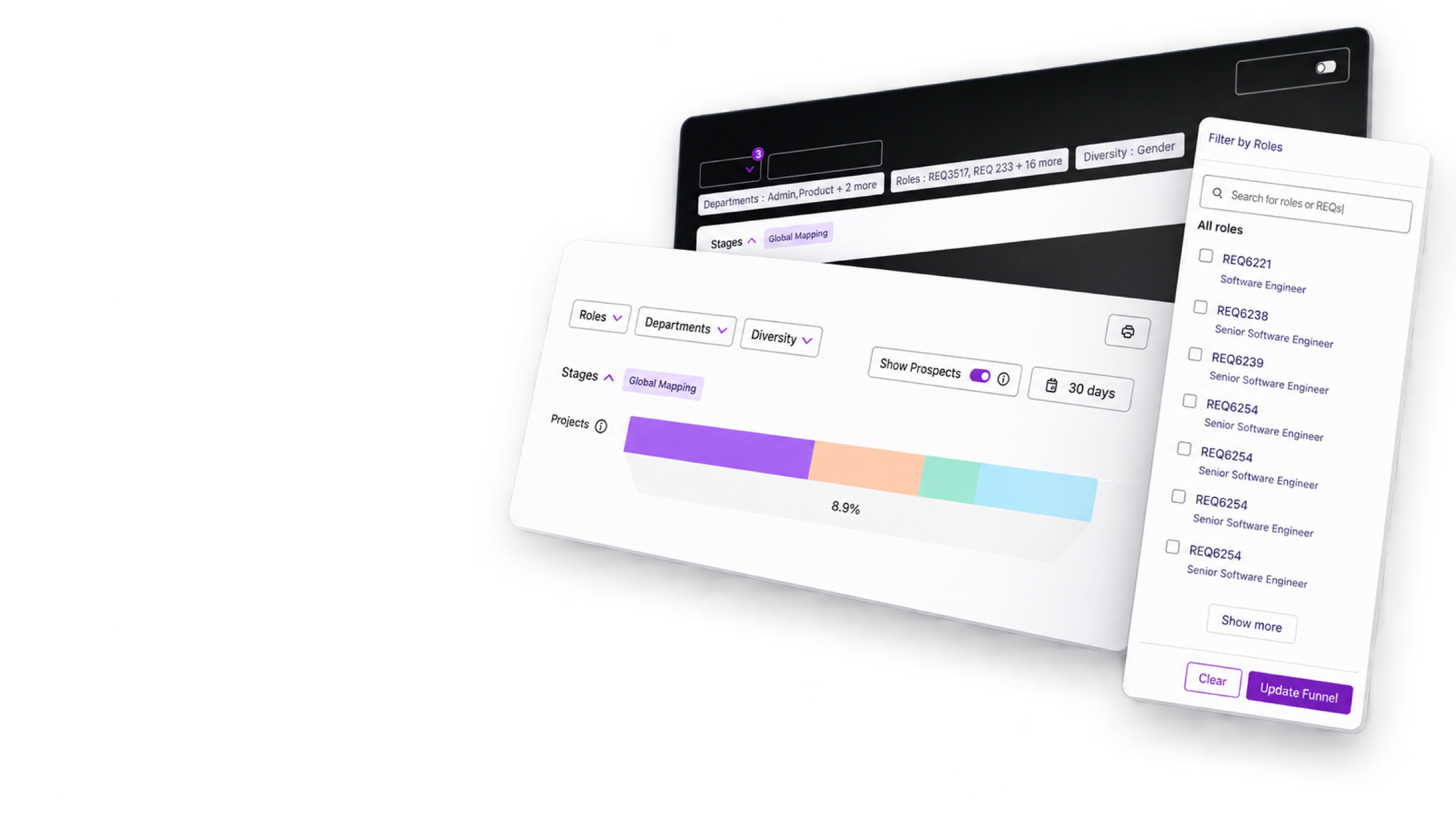 Layered enterprise recruiting funnel and filtering interfaces