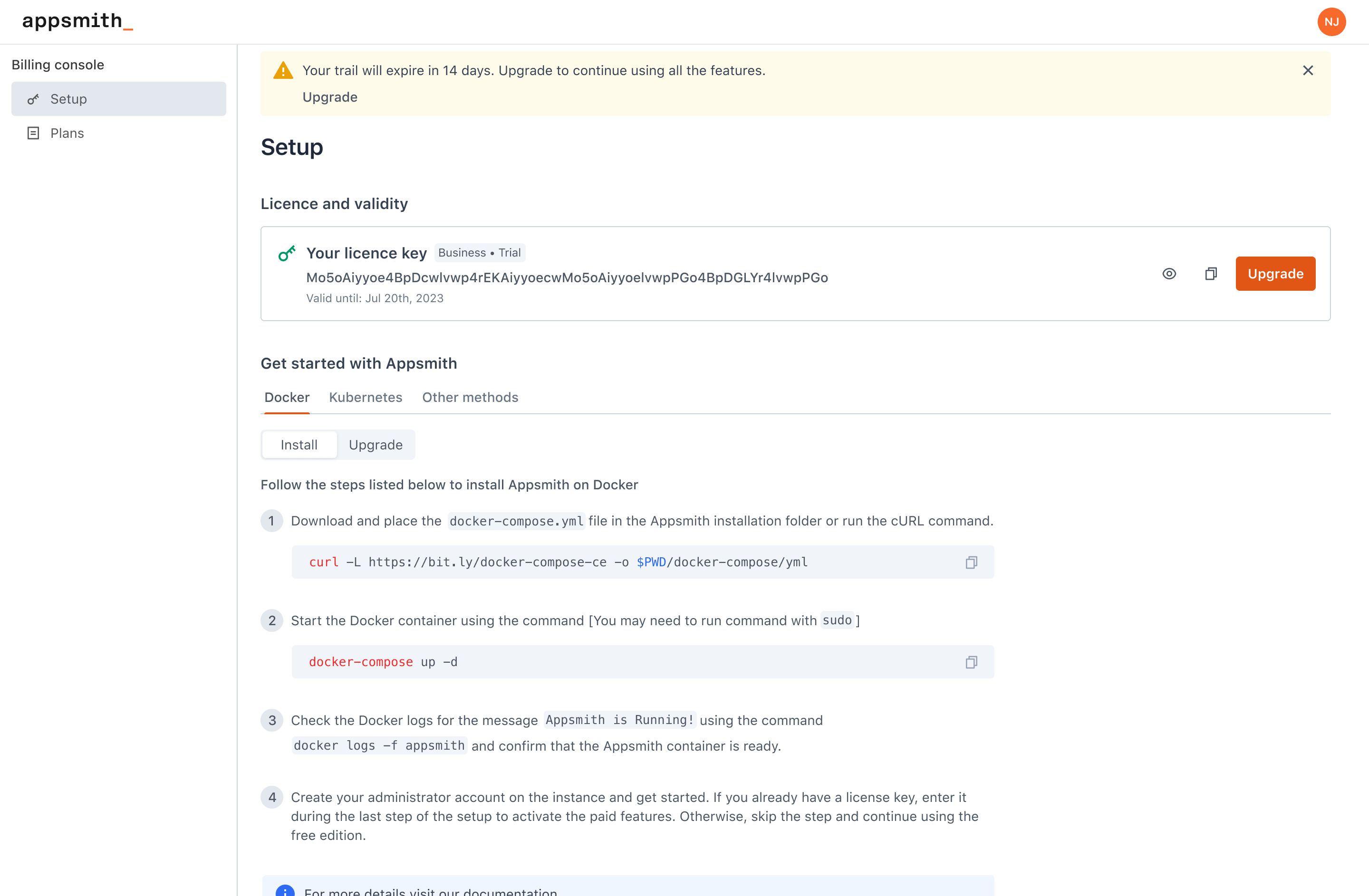 Appsmith Billing: Kept trial status, licence validity, and self-hosted setup in one operational view