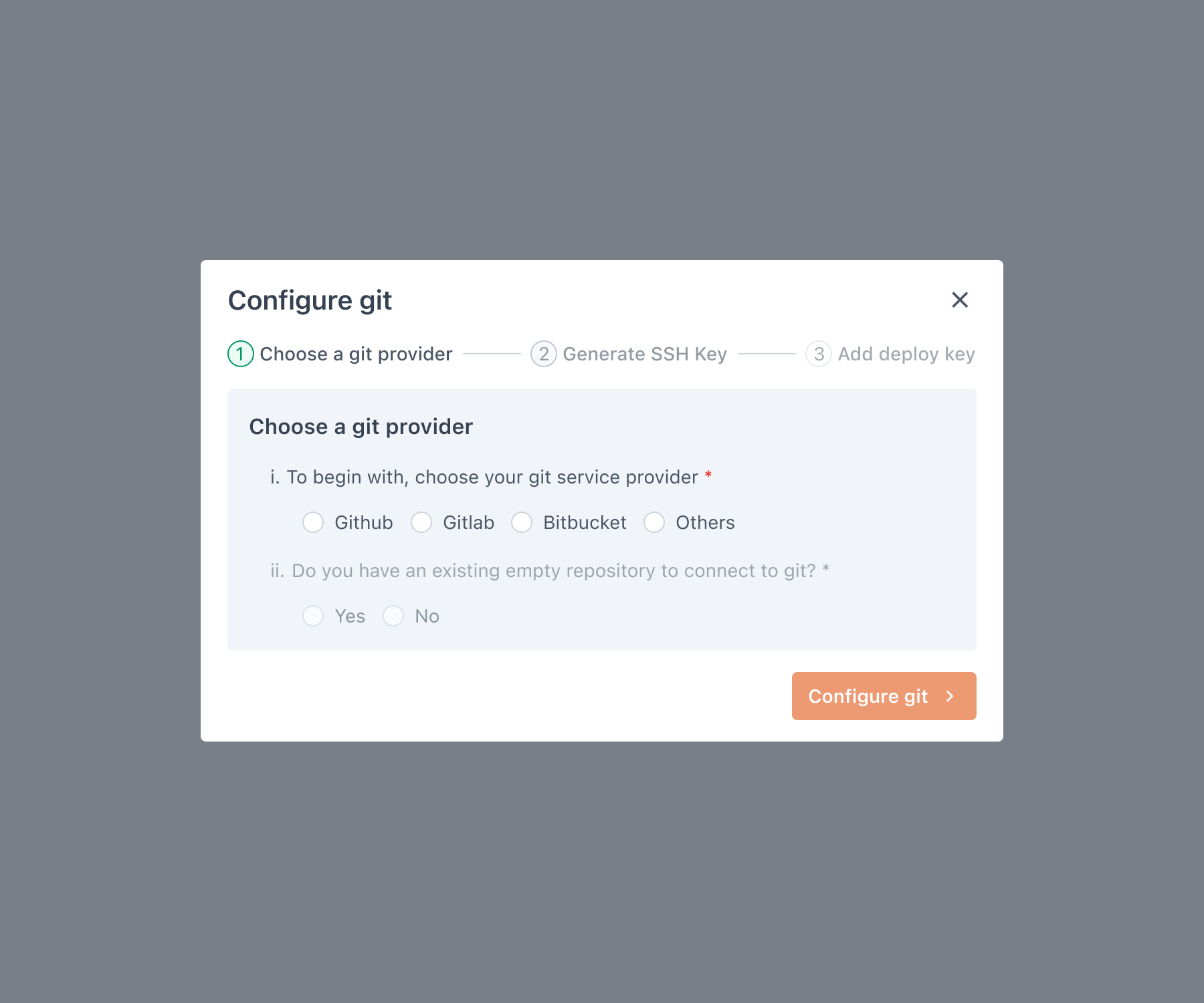 Appsmith Git Connect: Turned Git configuration into a visible three-step journey that begins with provider and repository context