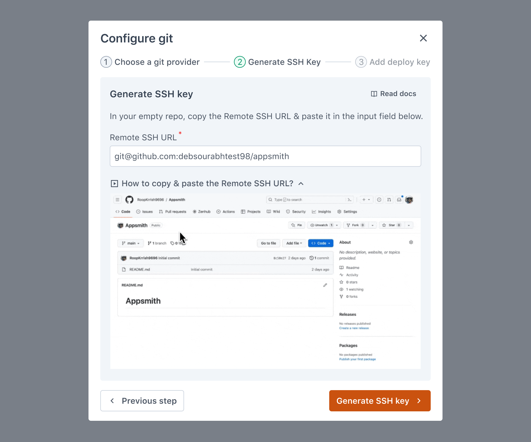 Appsmith Git Connect: Placed the remote SSH URL beside embedded guidance for finding it in the repository