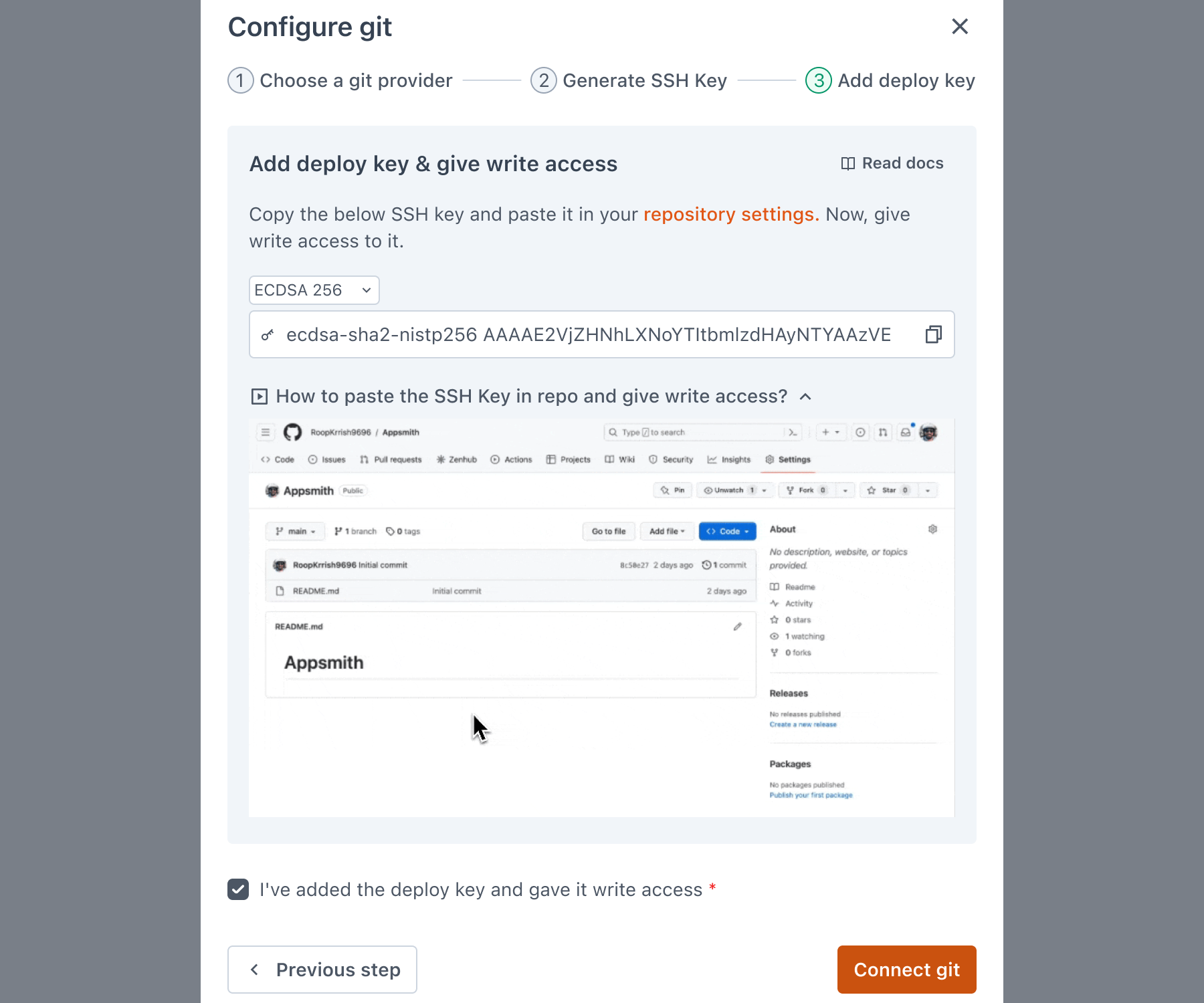 Appsmith Git Connect: Connected deploy-key setup to an explicit write-access confirmation before connection
