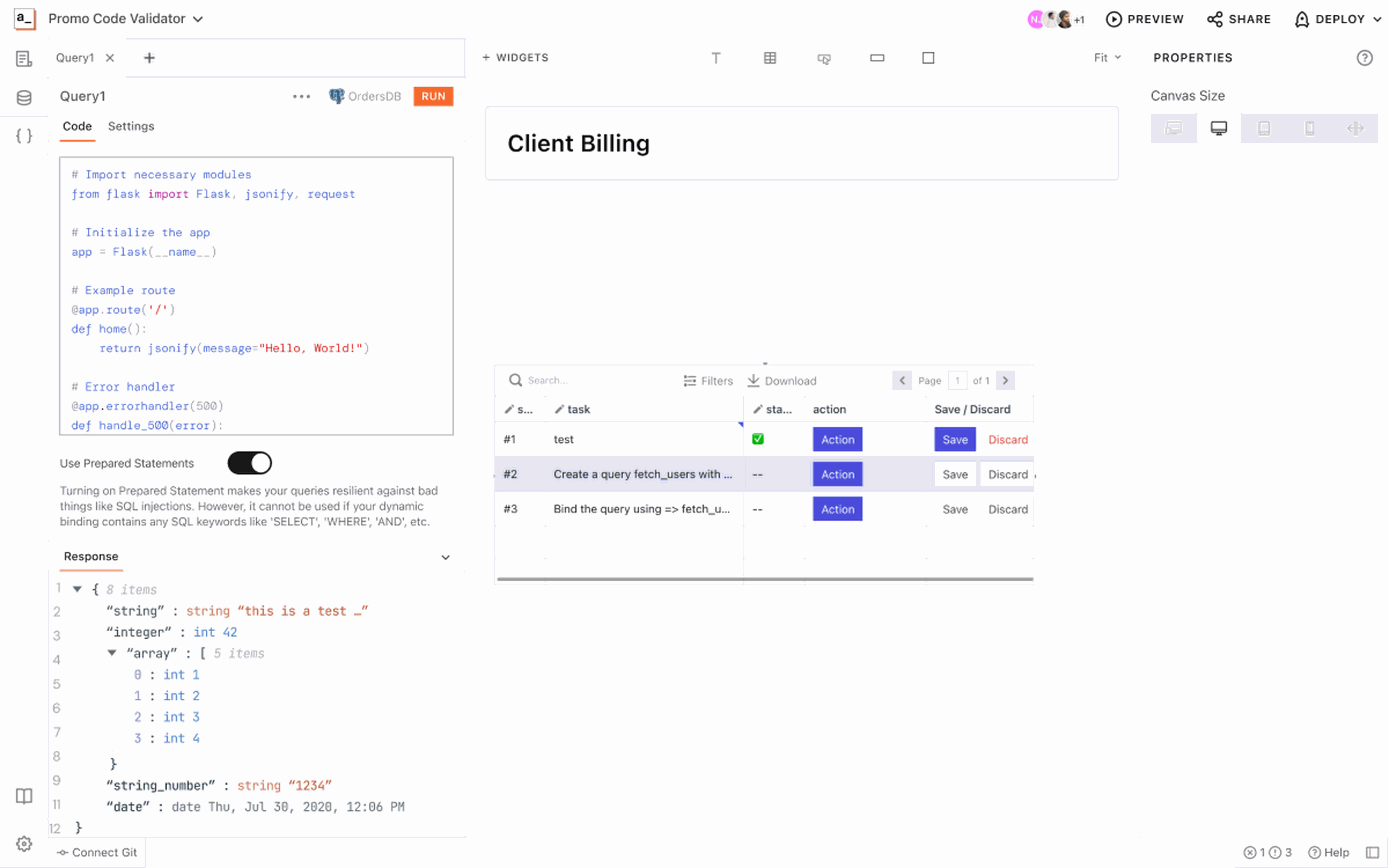 Appsmith IDE: Kept code, live canvas, and widget properties visible as one task context