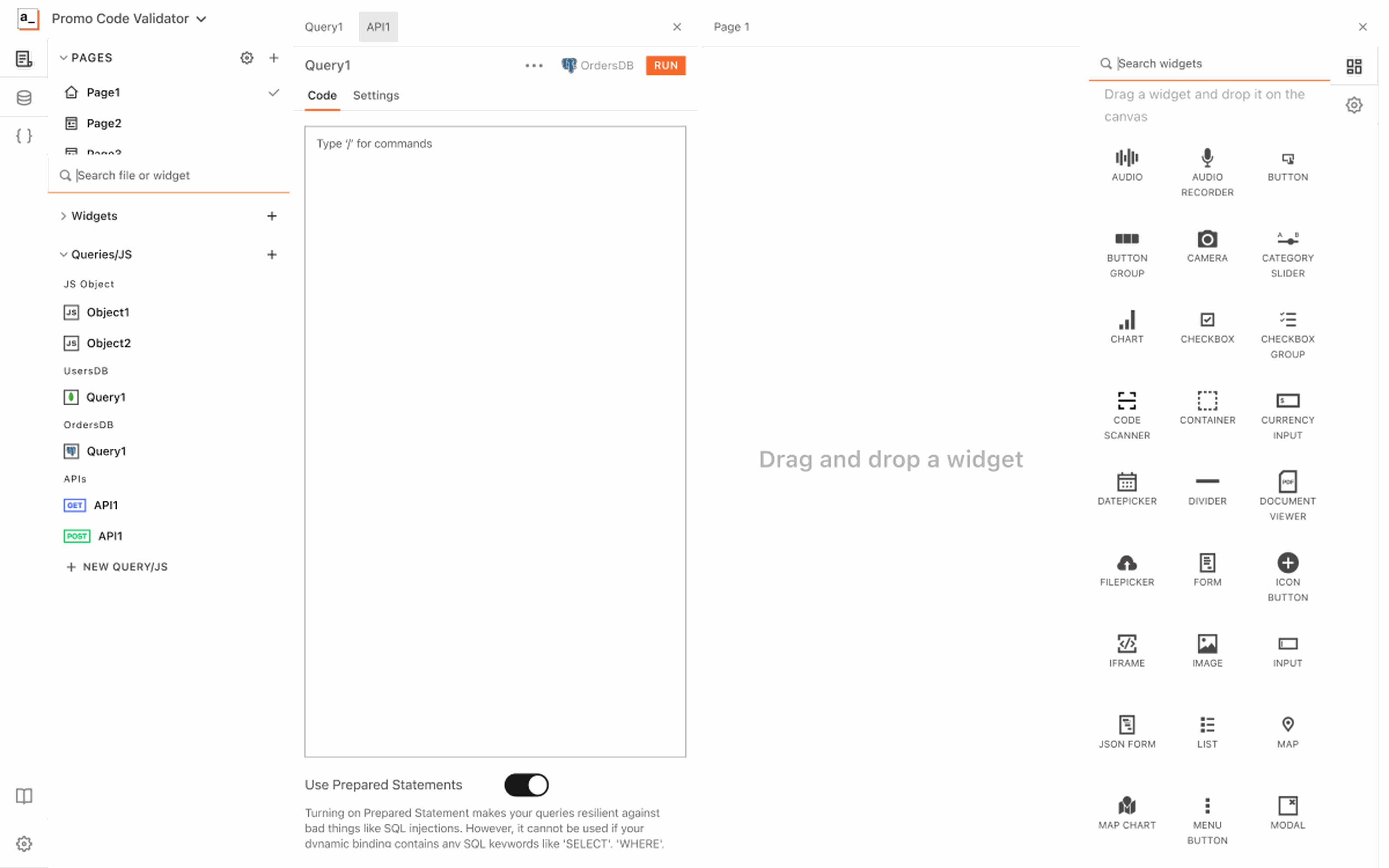 Appsmith IDE: Explored a three-column workspace for work that crosses UI, data, and code