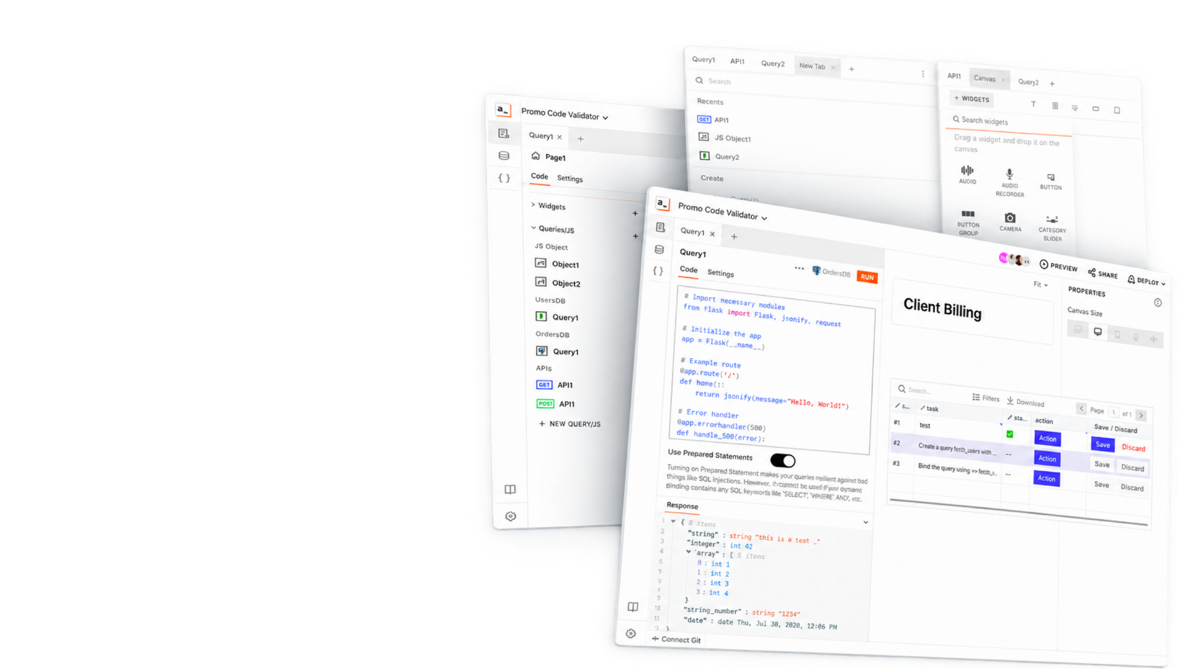 Layered Appsmith IDE canvas, code, and data interfaces