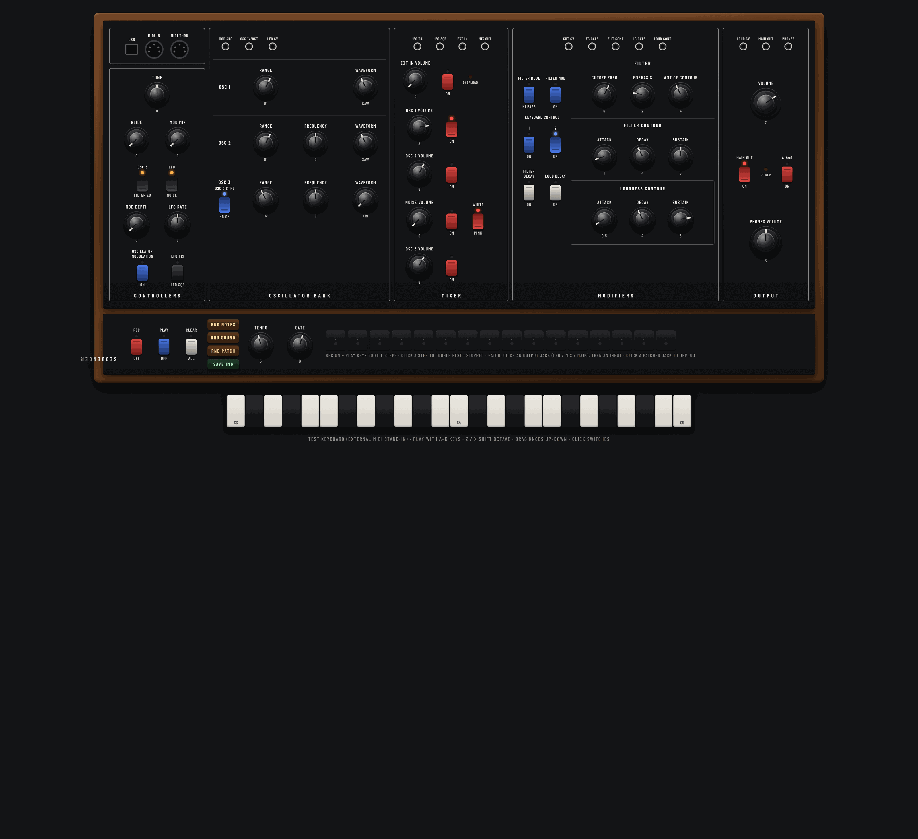 Browser Synths: Three-oscillator lab with the complete subtractive signal path visible at once
