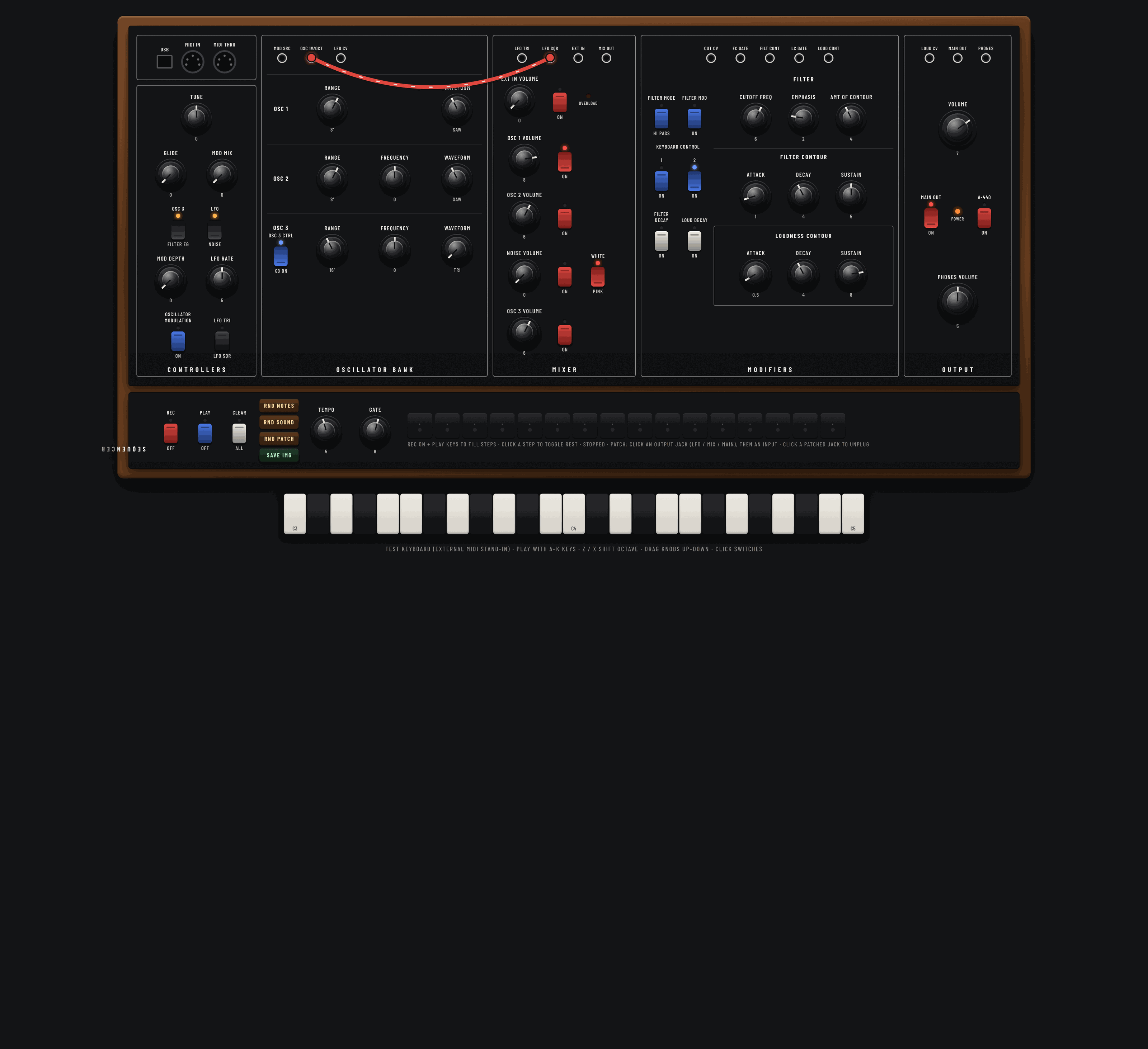 Browser Synths: An active sound-design state with values surfaced across oscillators, mixer, and contours