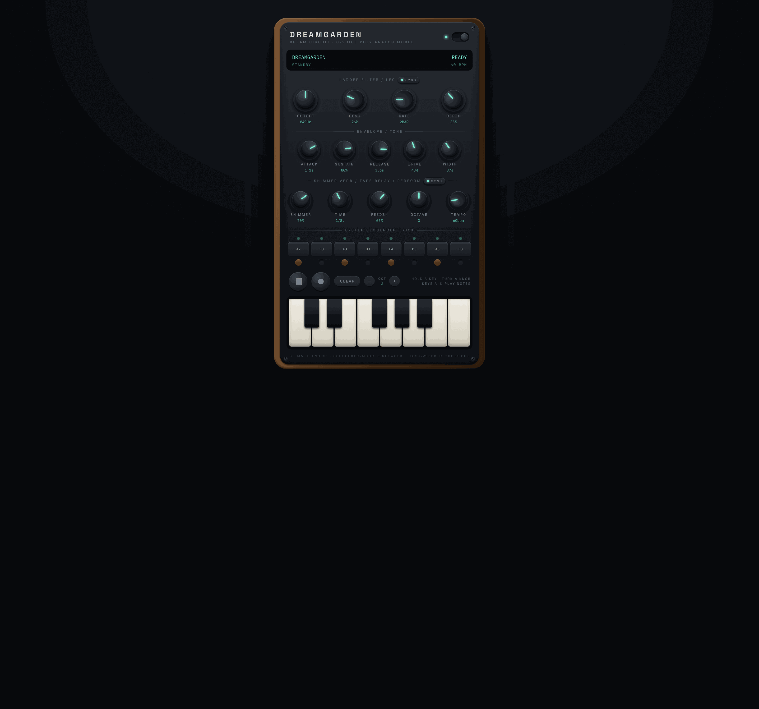 Browser Synths: Dreamgarden in a running sequencer state with tempo and step feedback