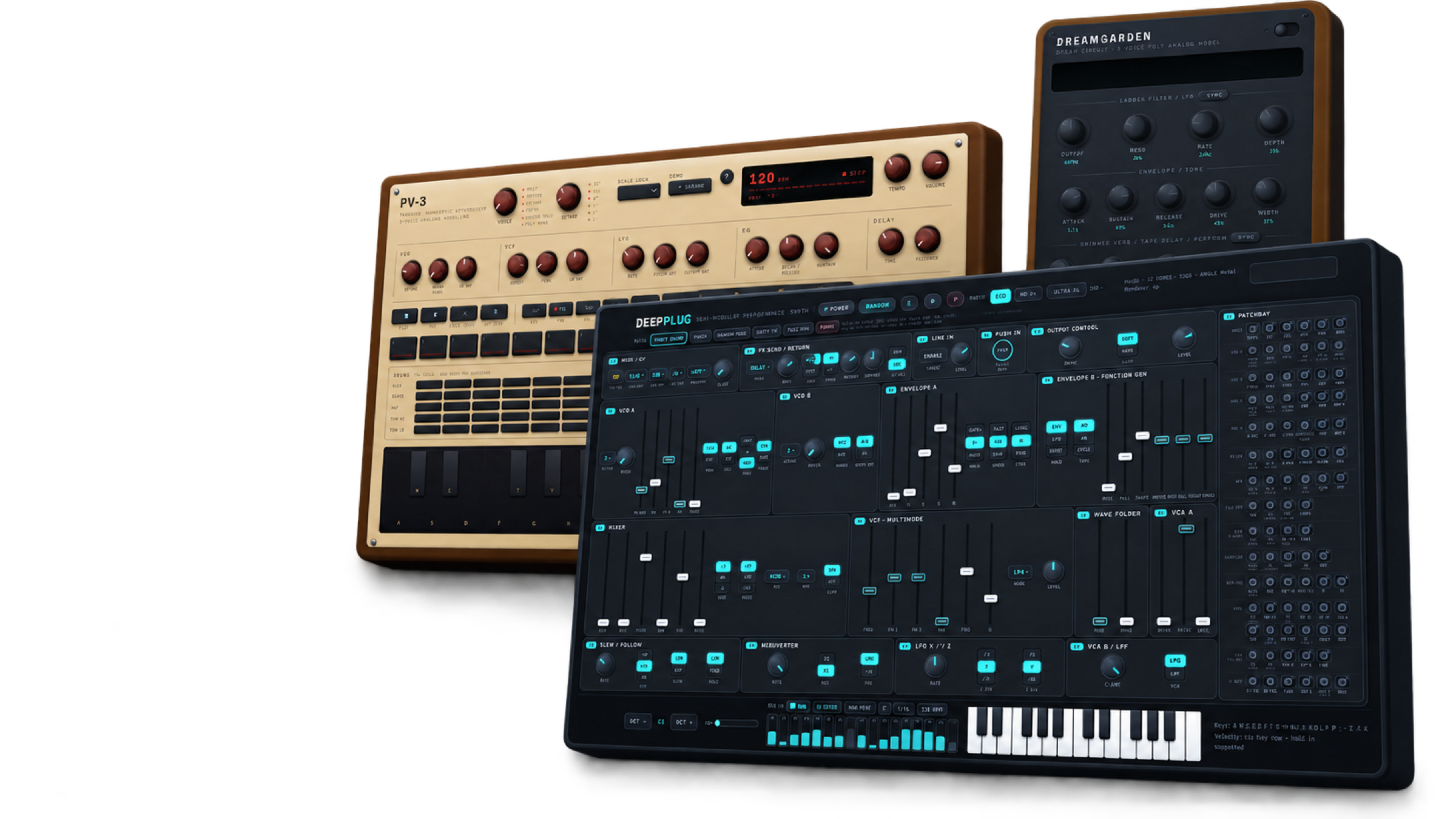 Three browser synthesizer interfaces arranged as an instrument family