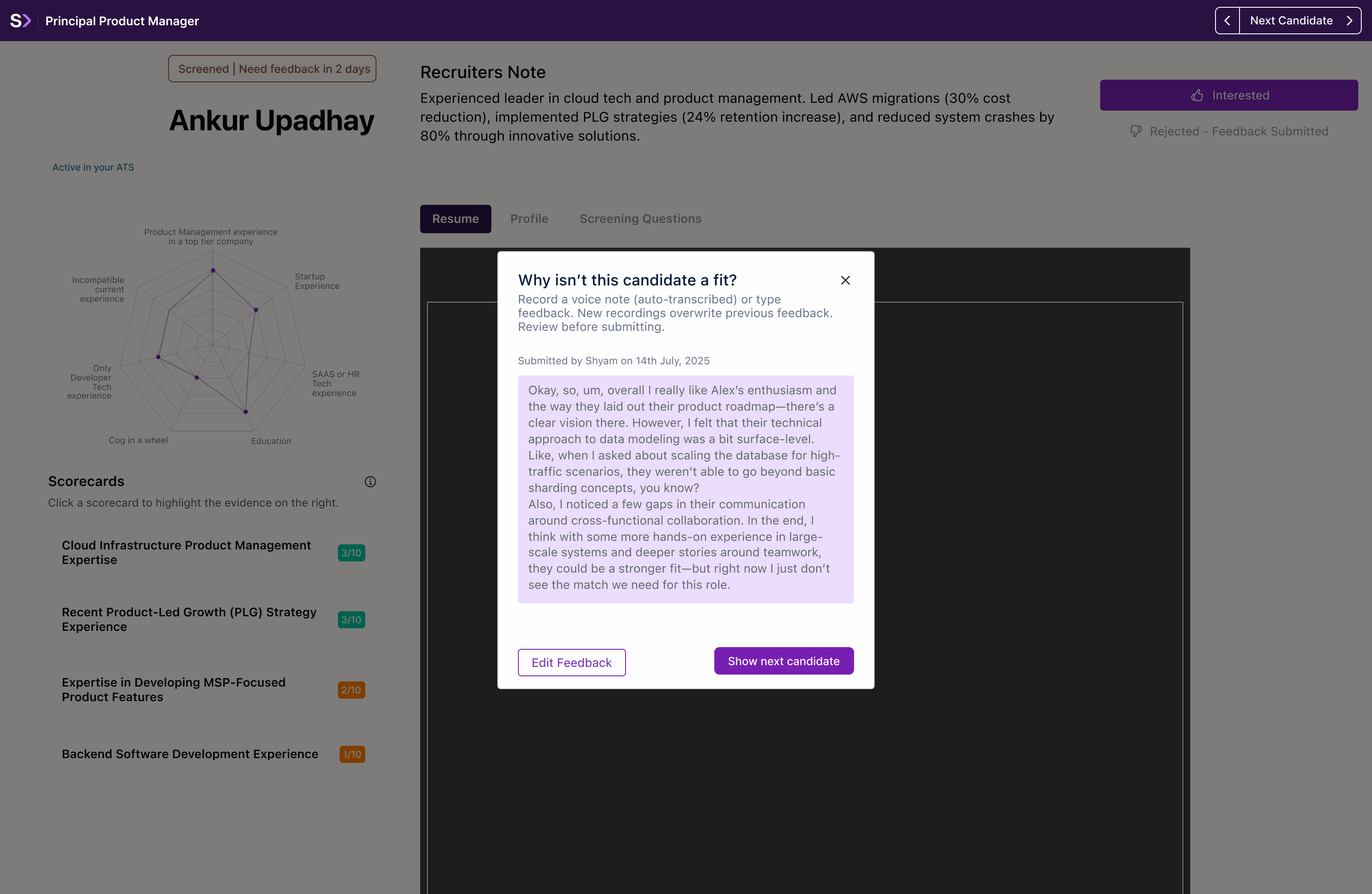 Candidate Presentation: Preserved submitted feedback with its author and timestamp