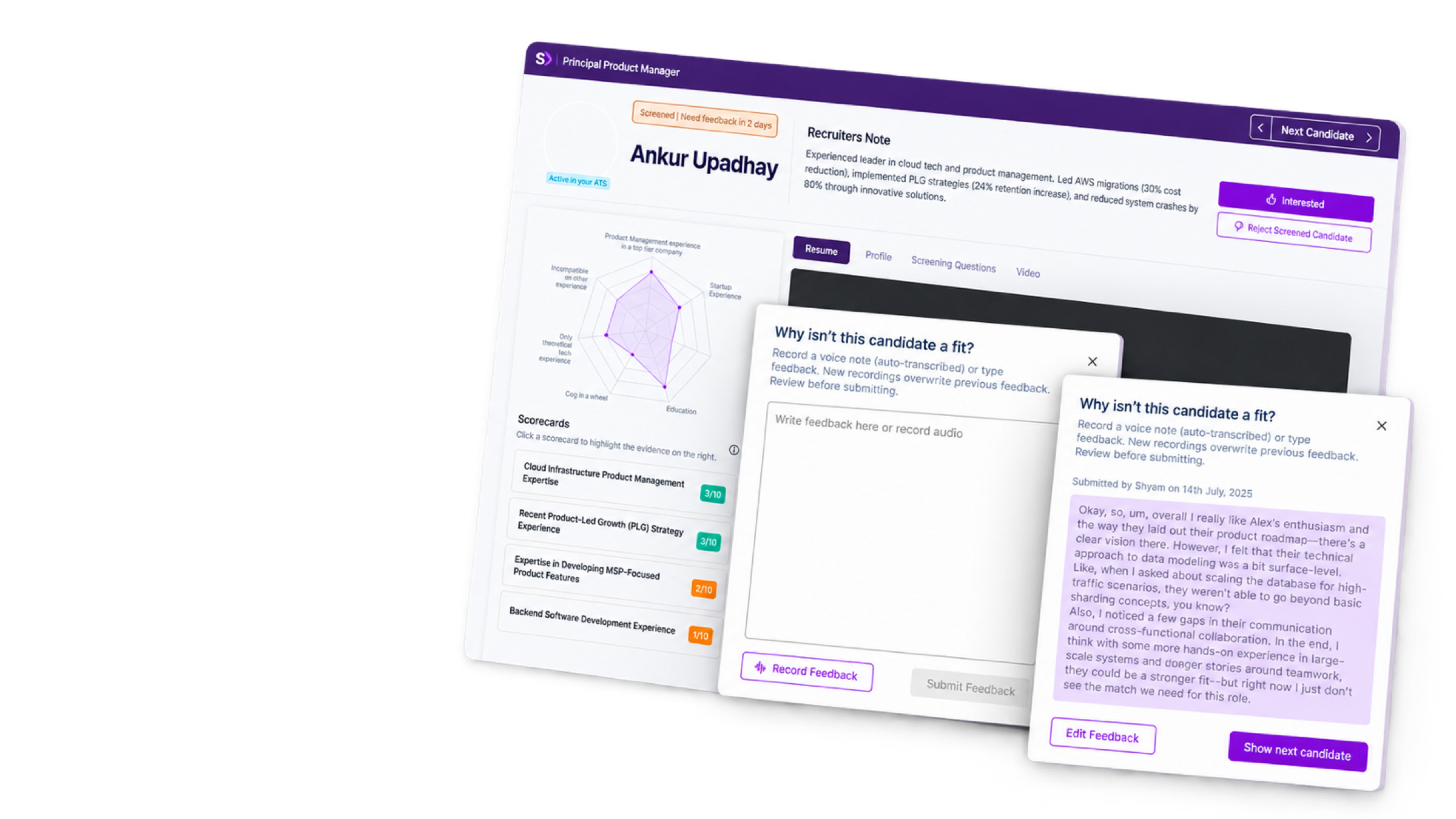 Layered candidate review and hiring feedback interfaces