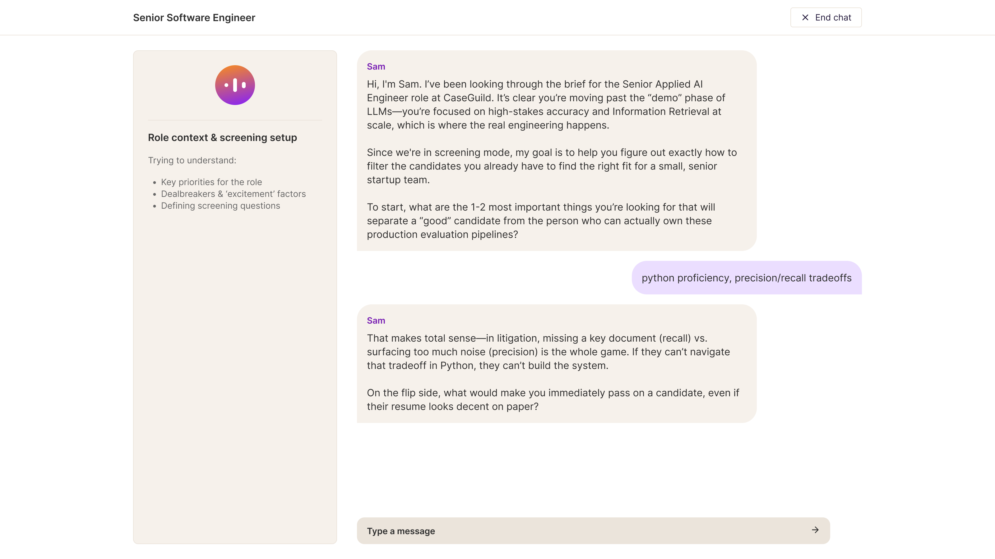 Helix: Hiring-manager flow — conversational intake turns priorities, trade-offs, and dealbreakers into durable role context