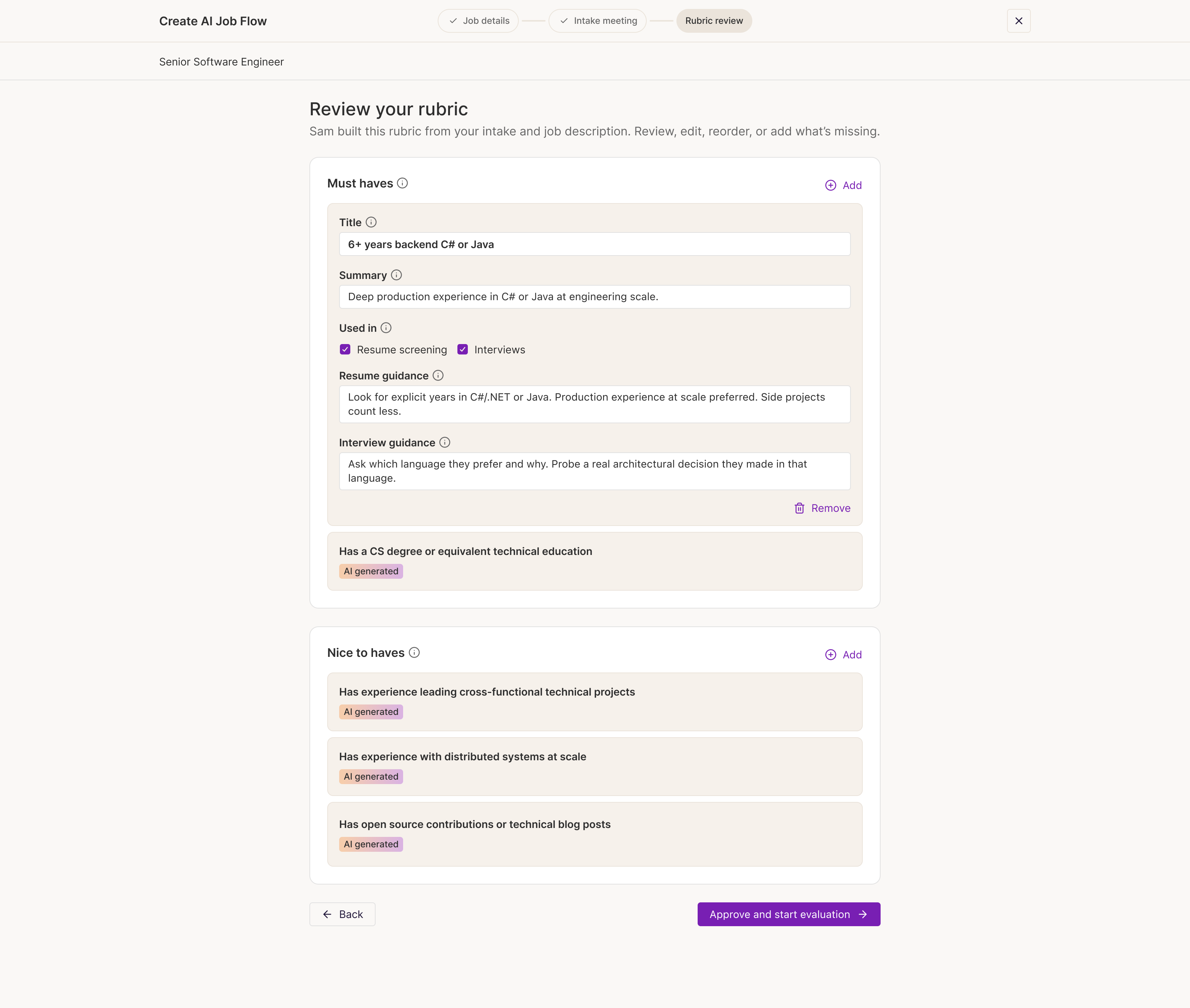 Helix: Hiring-manager flow — an editable AI-generated rubric separates must-haves from nice-to-haves and explains how each criterion will be used