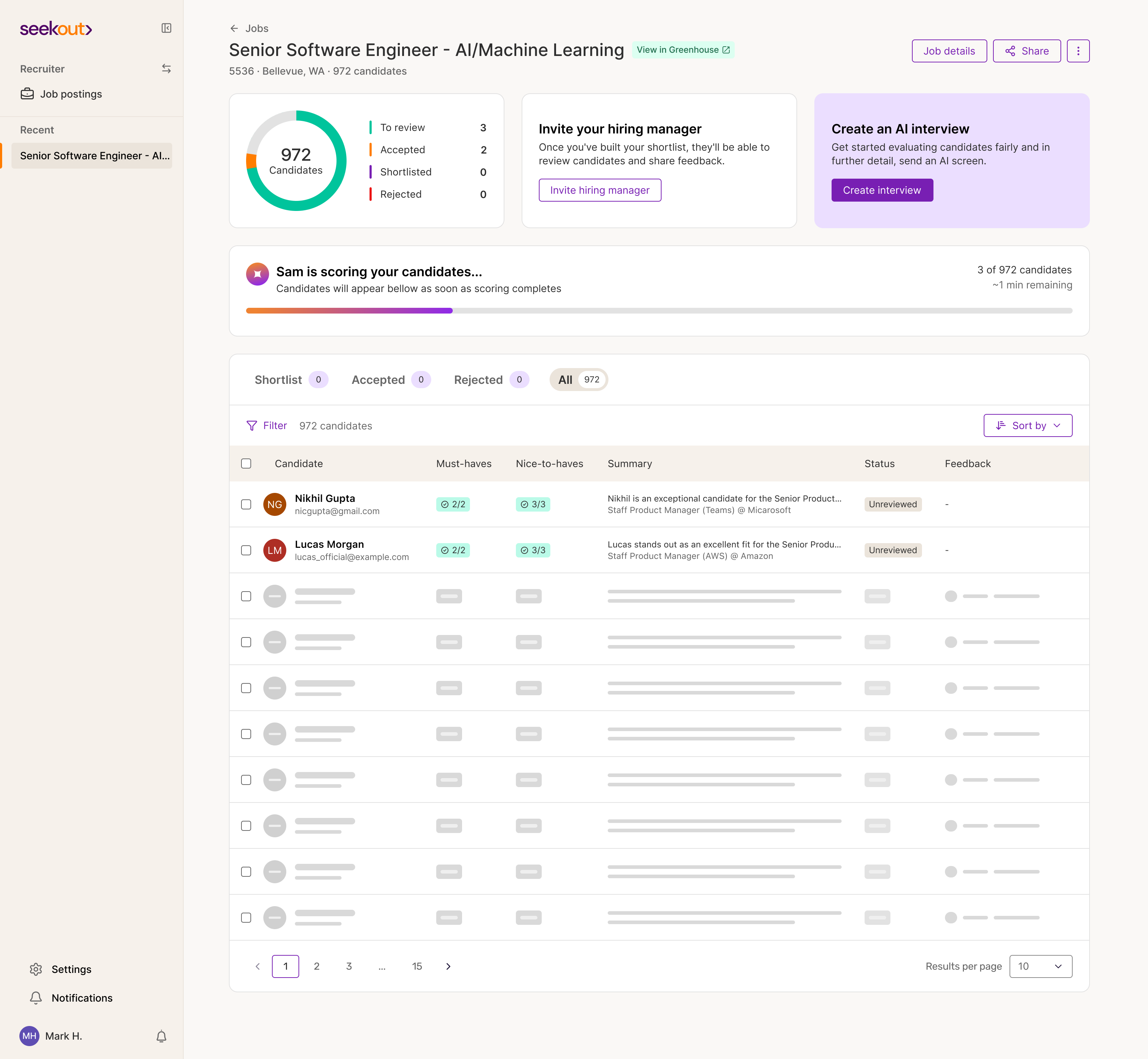 Helix: Recruiter flow — ATS candidates are scored at scale with visible progress, filters, status, and human decision controls