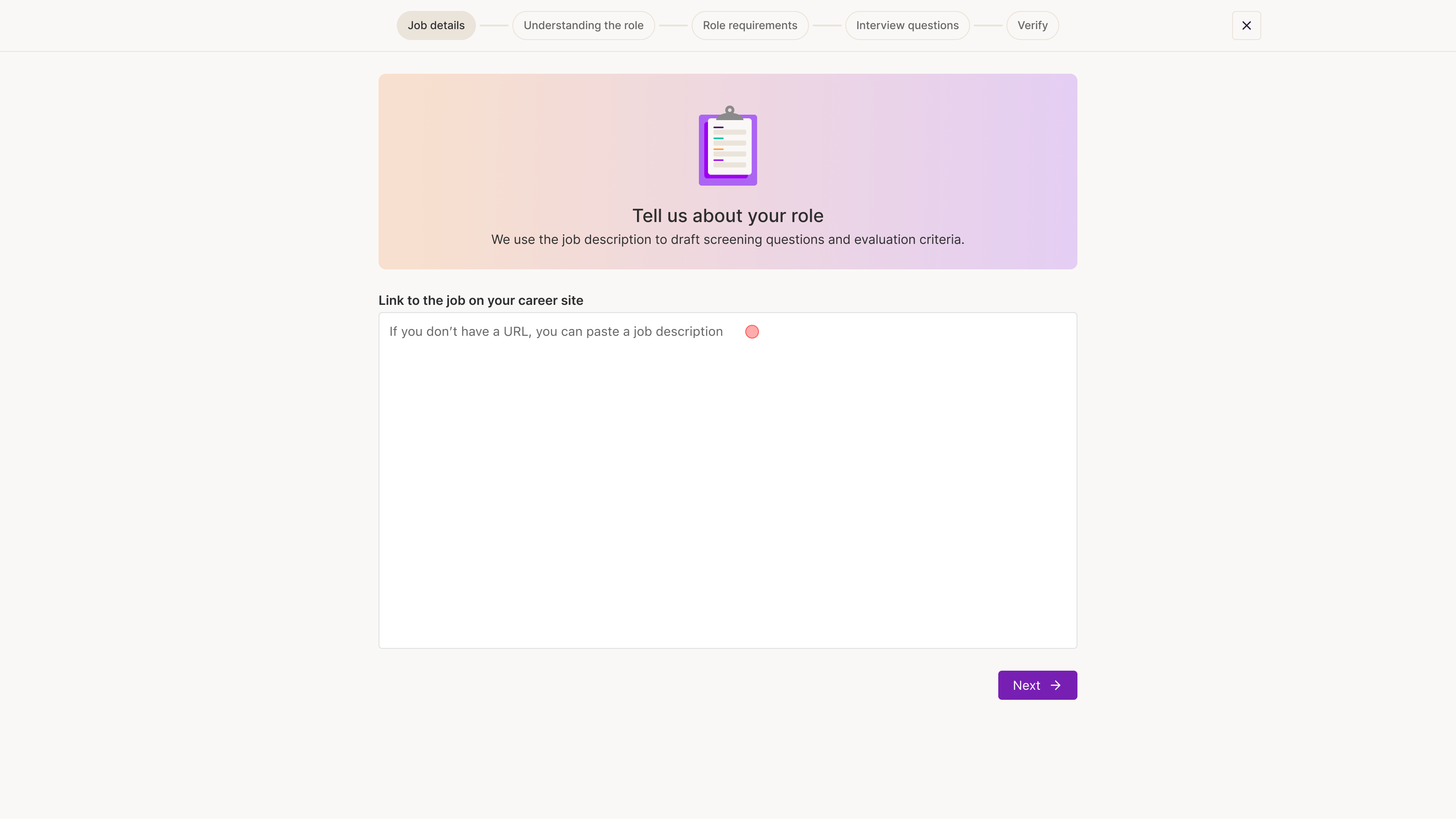 Helix, Hiring manager flow: Start with the job description while previewing the complete setup path and what Sam will generate.