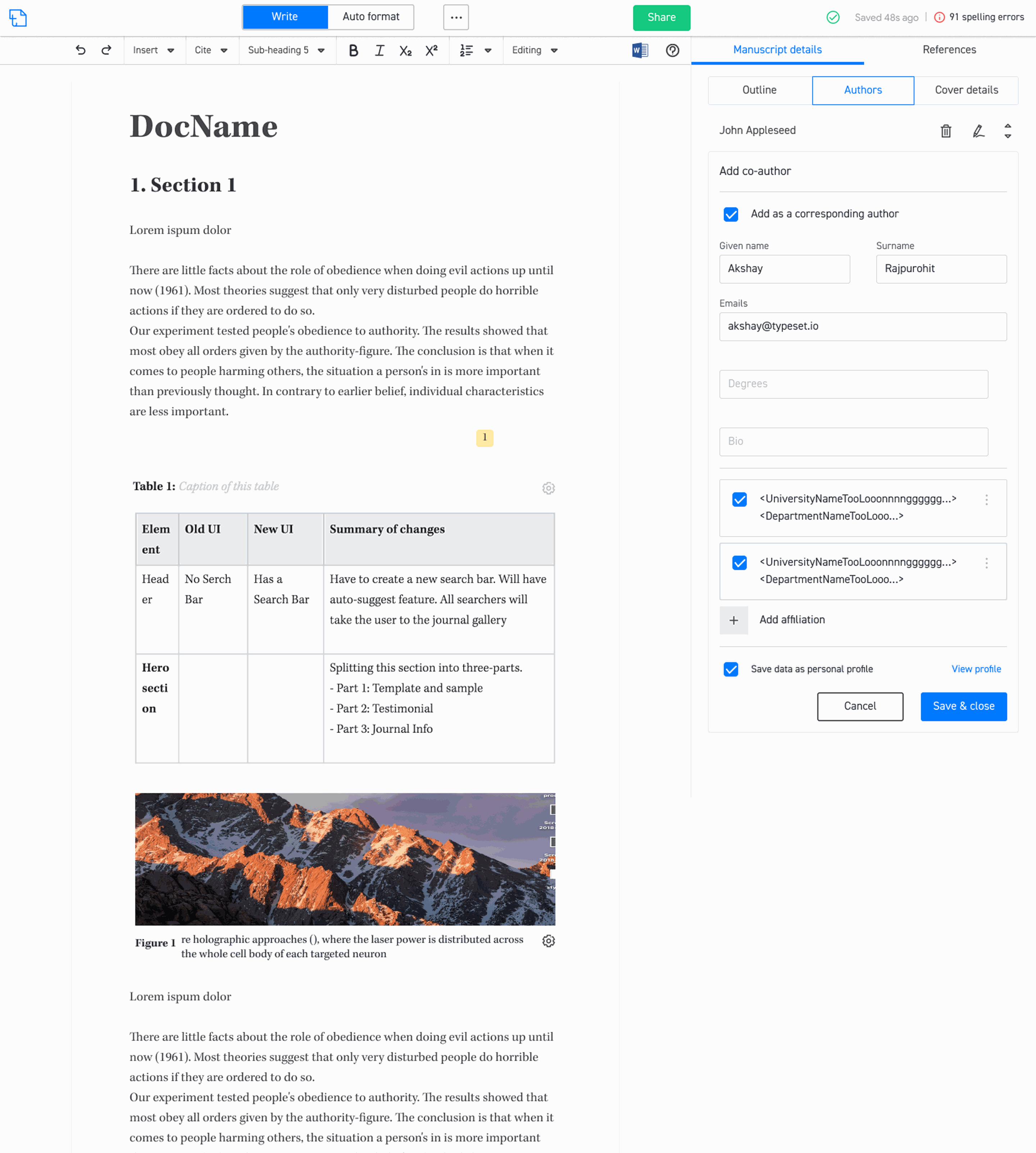 Joy Editor: Structured complex author, affiliation, and corresponding-author metadata