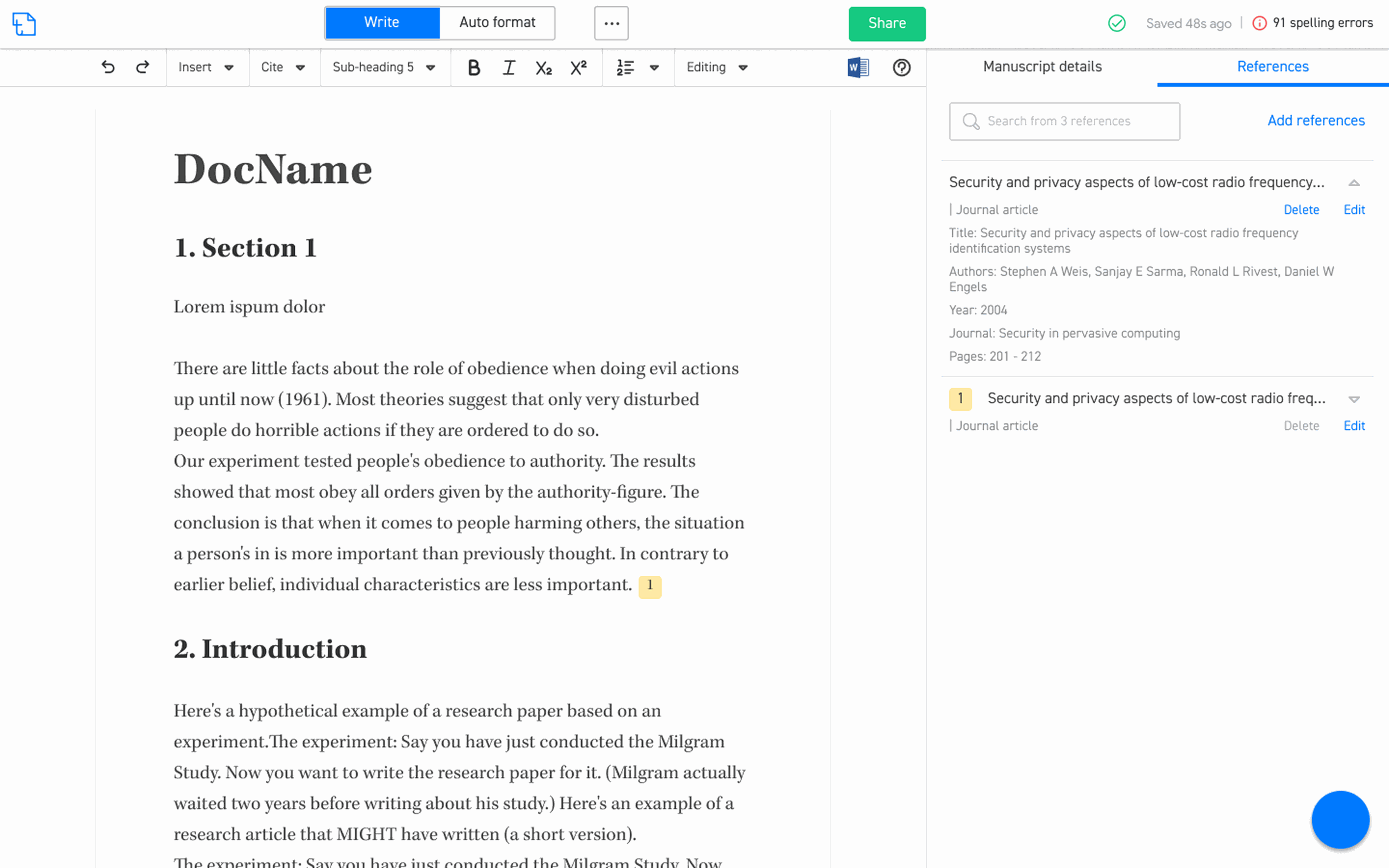 Joy Editor: Connected the reference library to citation context in the paper