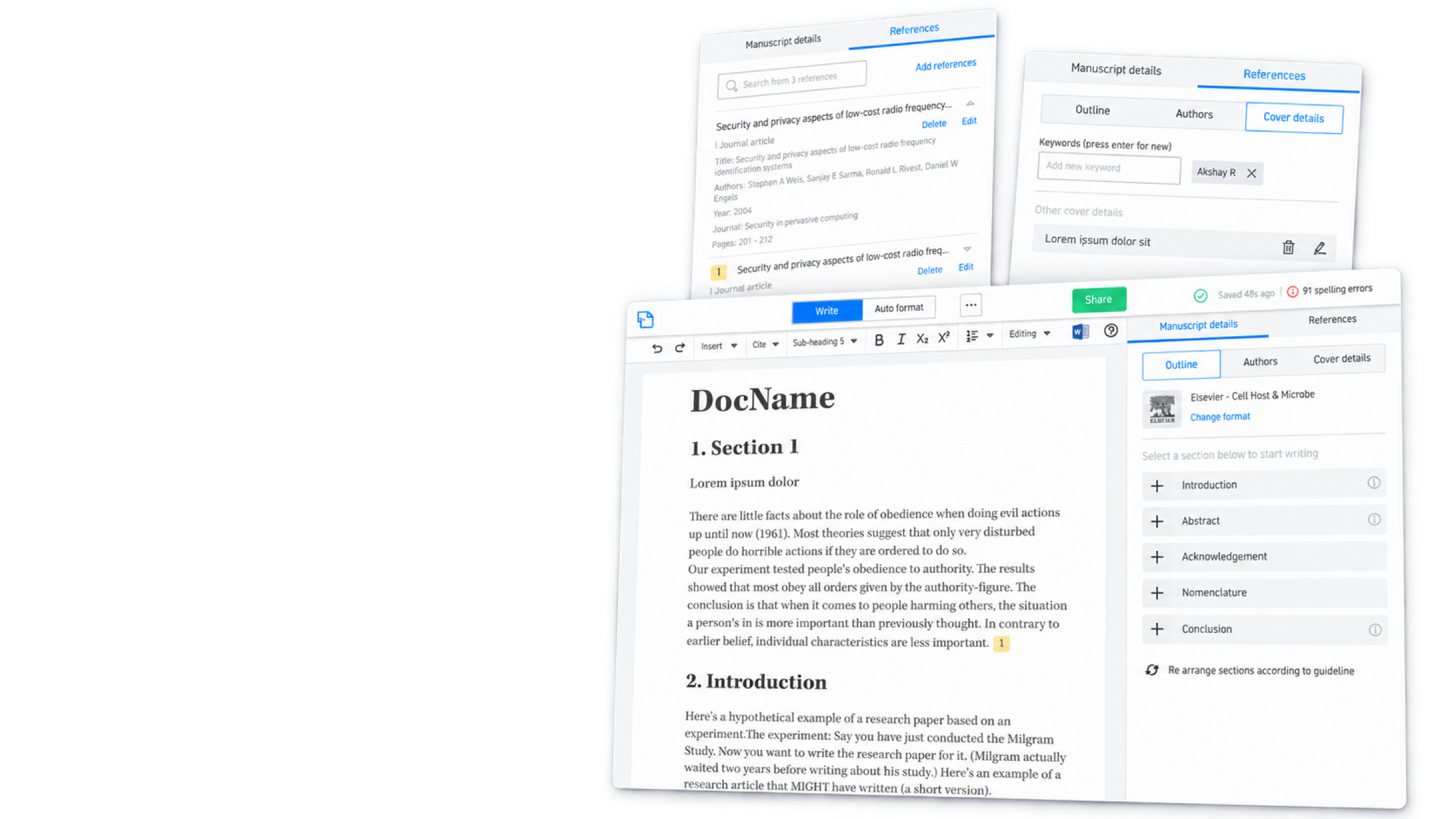 Layered scientific manuscript, reference, and metadata interfaces