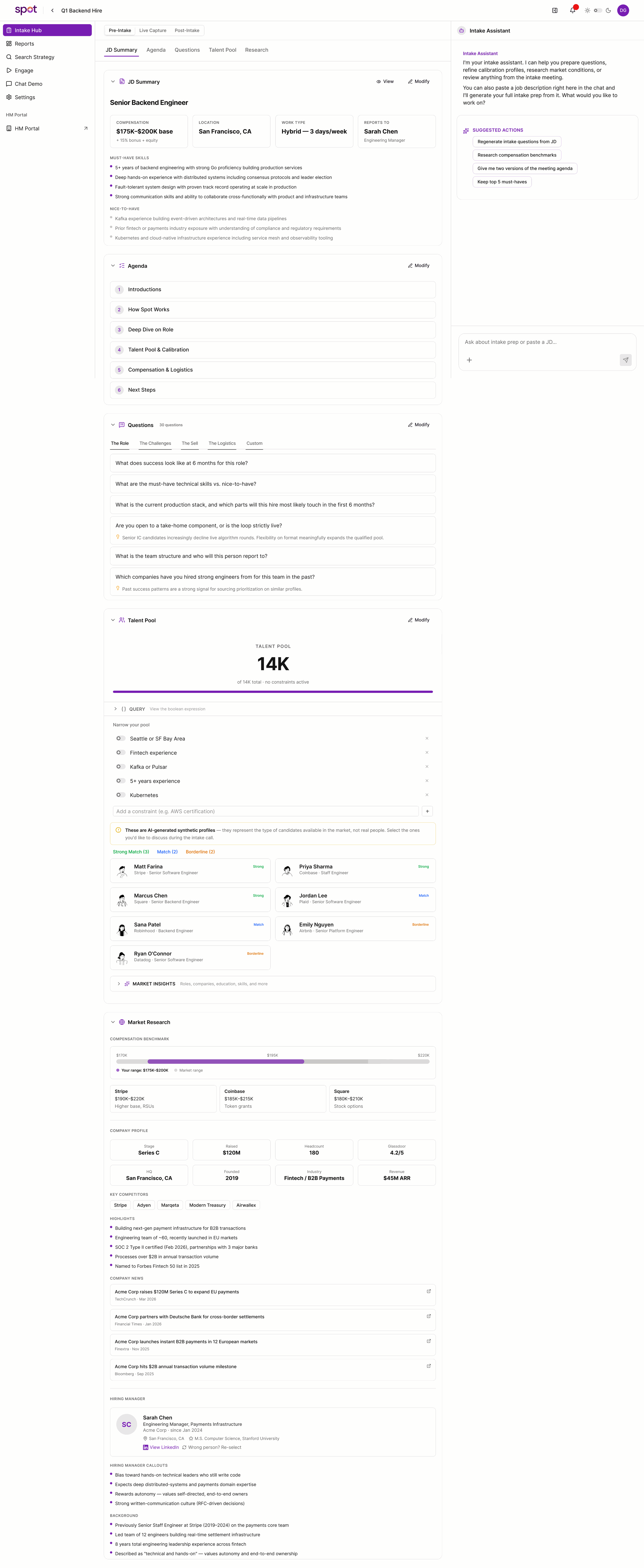 SPOT: Turned the job description into an editable intake agenda and open-question plan