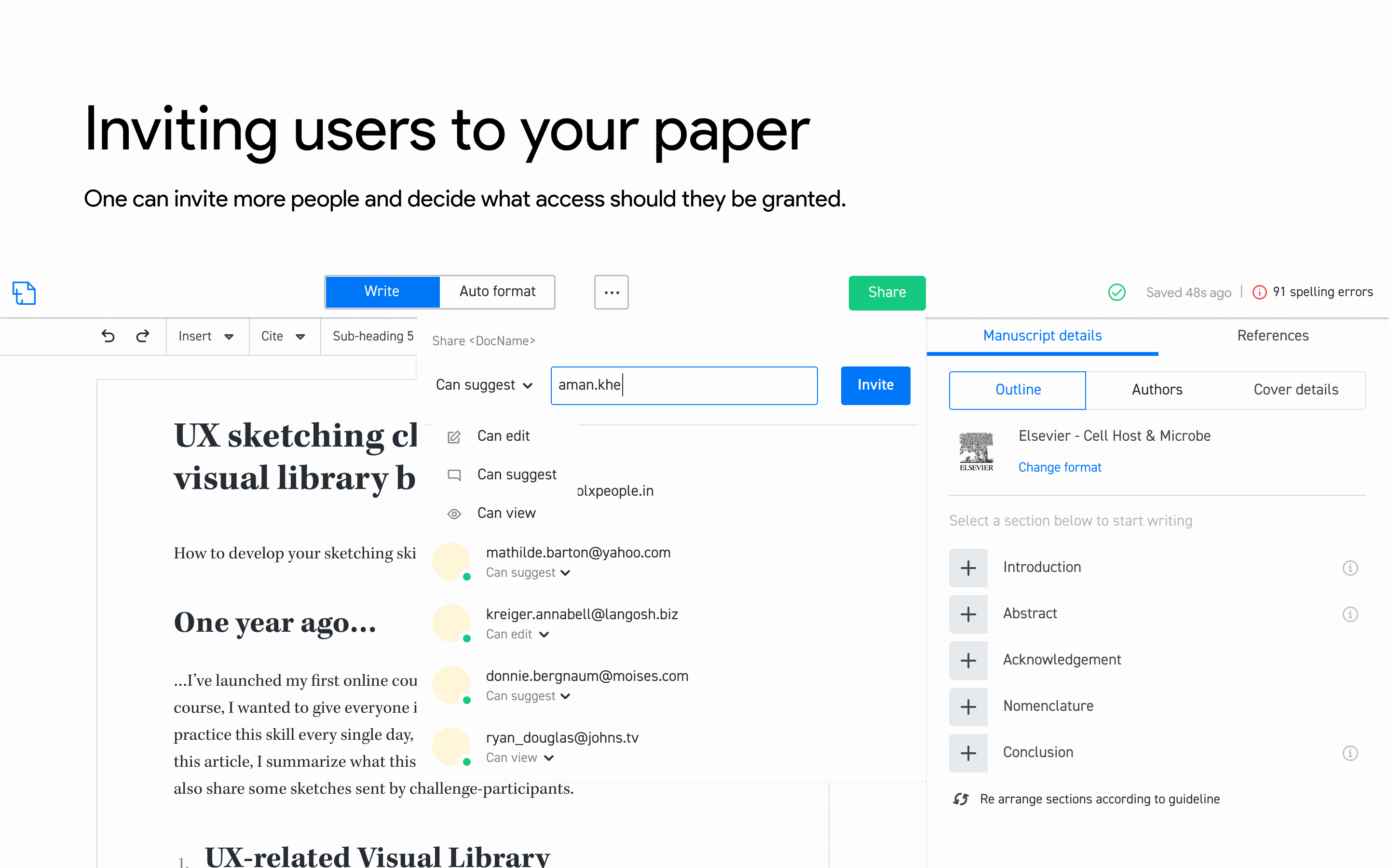Typeset Collaboration: Made view, suggest, and edit access explicit during invitation
