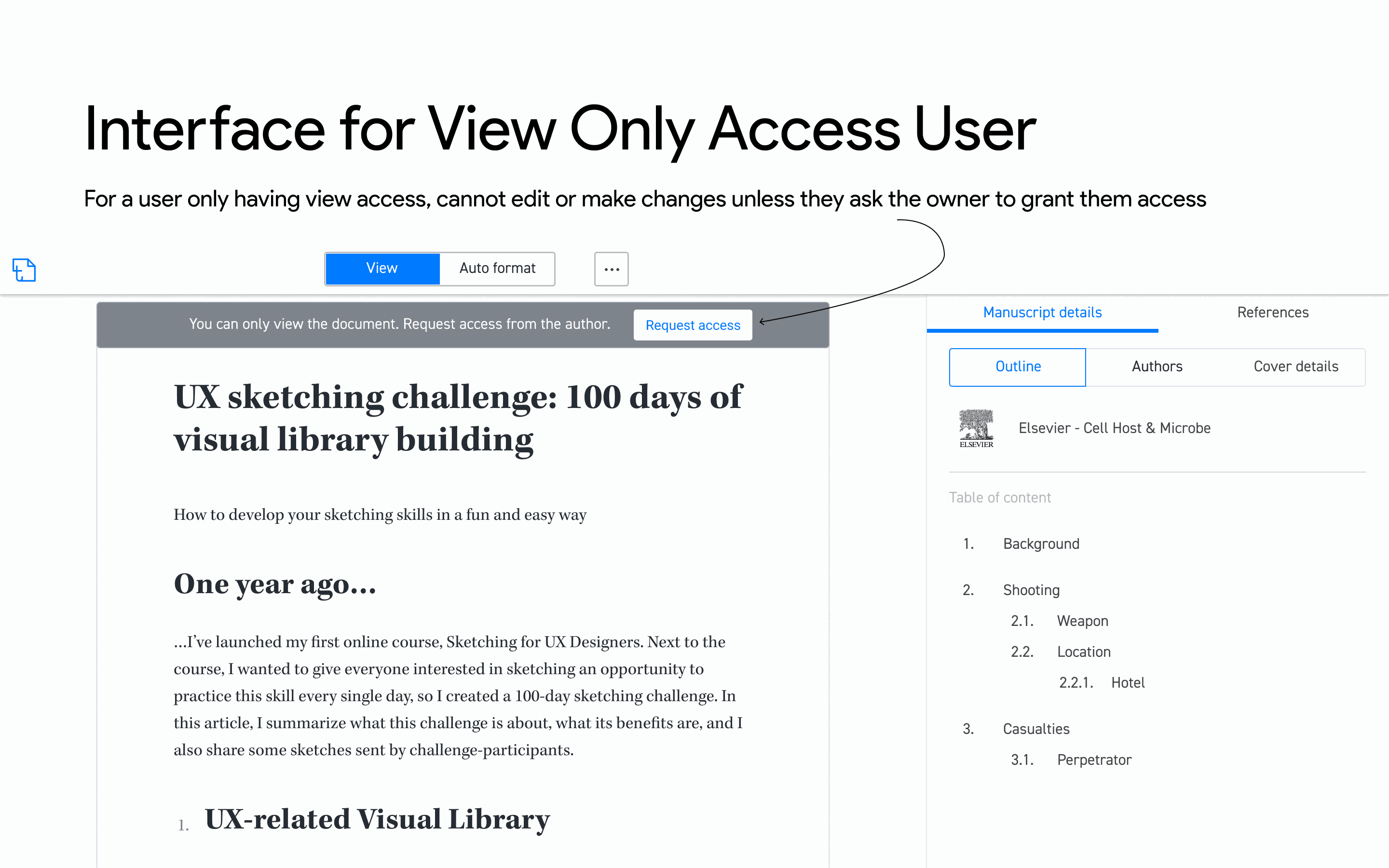 Typeset Collaboration: Let a view-only collaborator request access without losing reading context