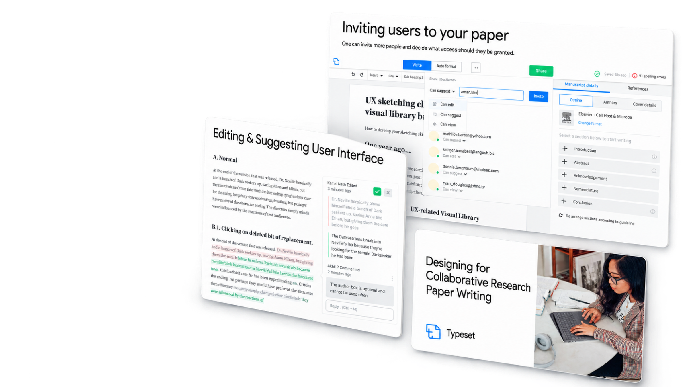 Layered research writing, sharing, and suggestion interfaces